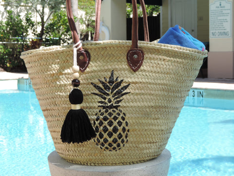 Straw Bag with Hand-Painted Pineapple
